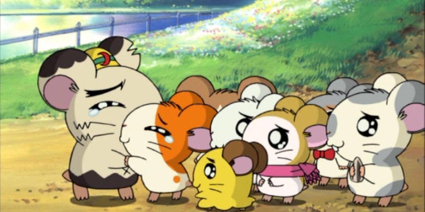 A group of tearful hamsters hug each other in Hamtaro anime