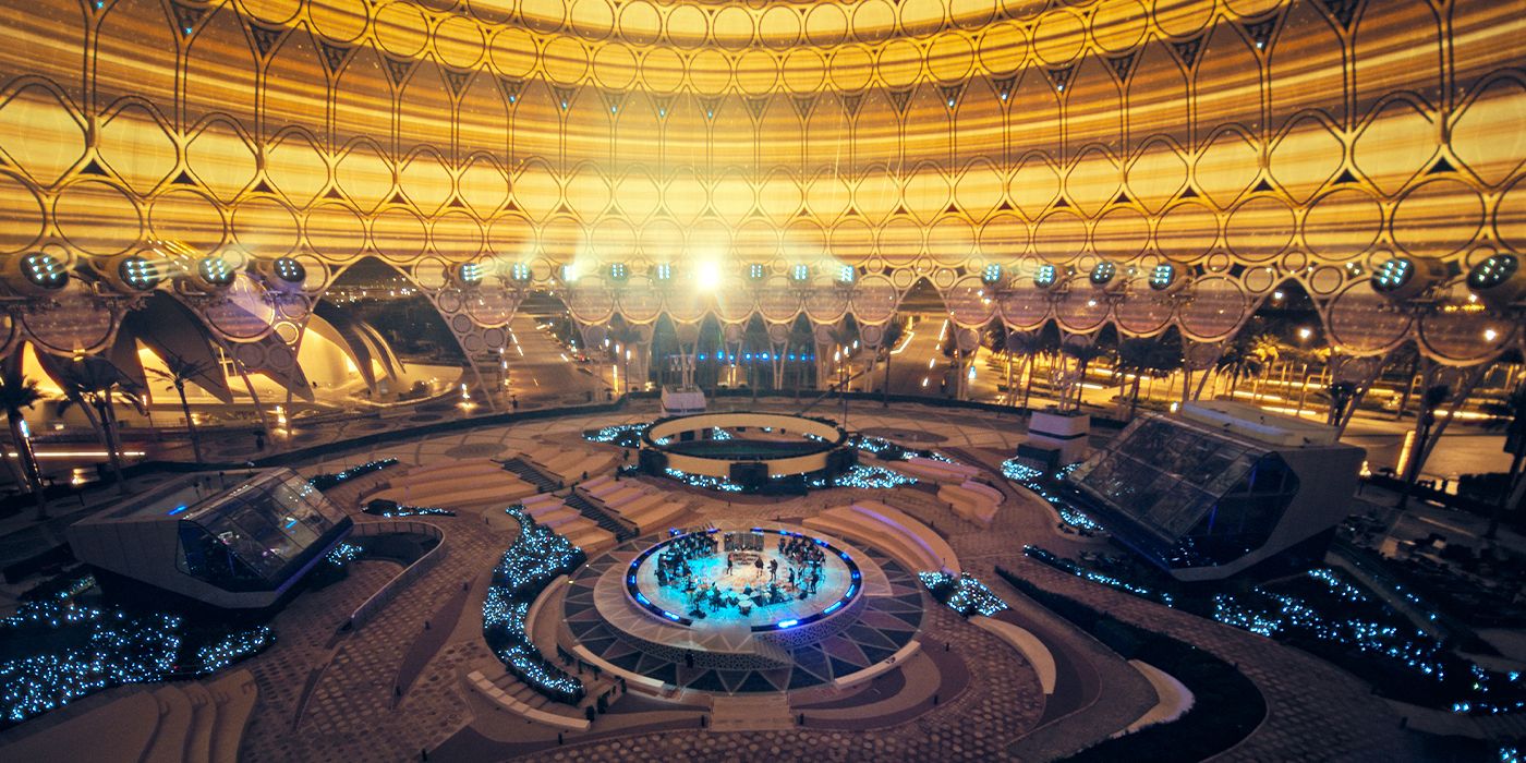 Aerial view of a domed arena for Hans Zimmer&rsquo;s live tour