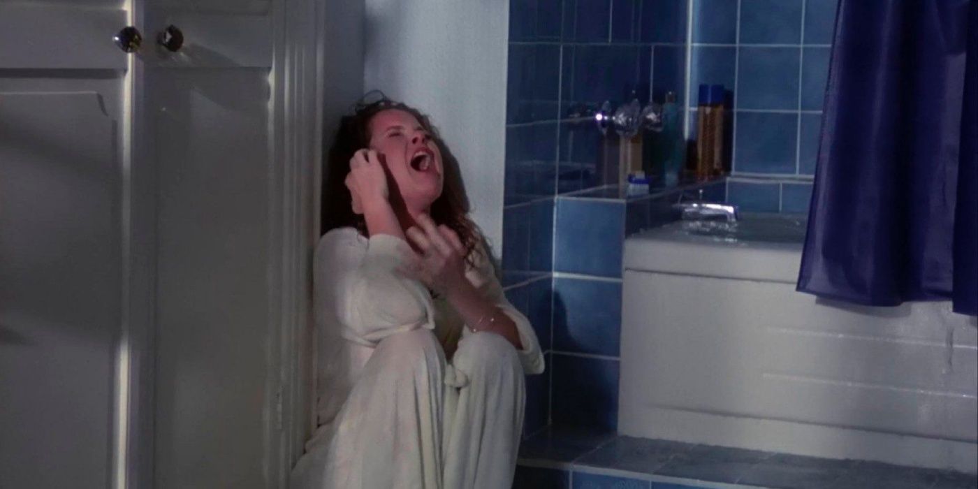 Melissa Sue Anderson, as Ginny, screaming on a bathroom floor in 'Happy Birthday to Me.'