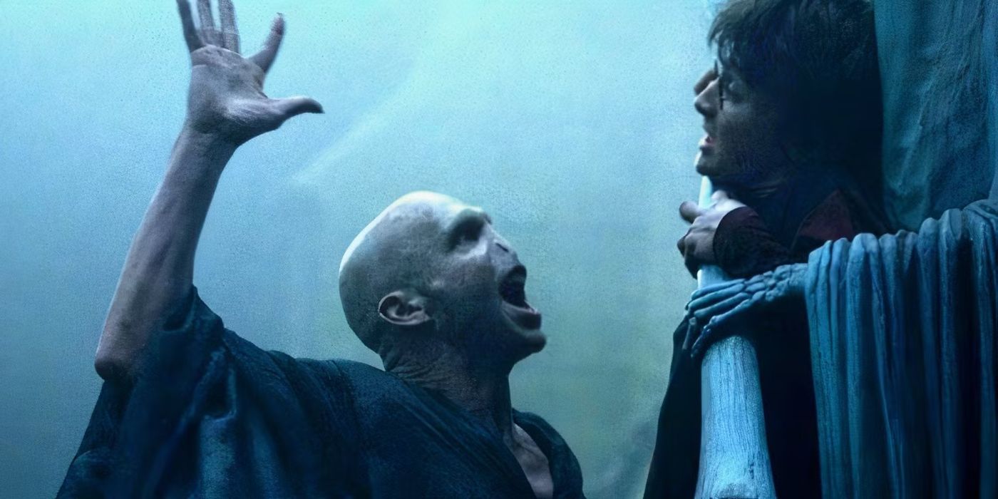 Voldemort, played by Ralph Fiennes, with Harry, played by Daniel Radcliffe, in &lsquo;Harry Potter and the Goblet of Fire.'