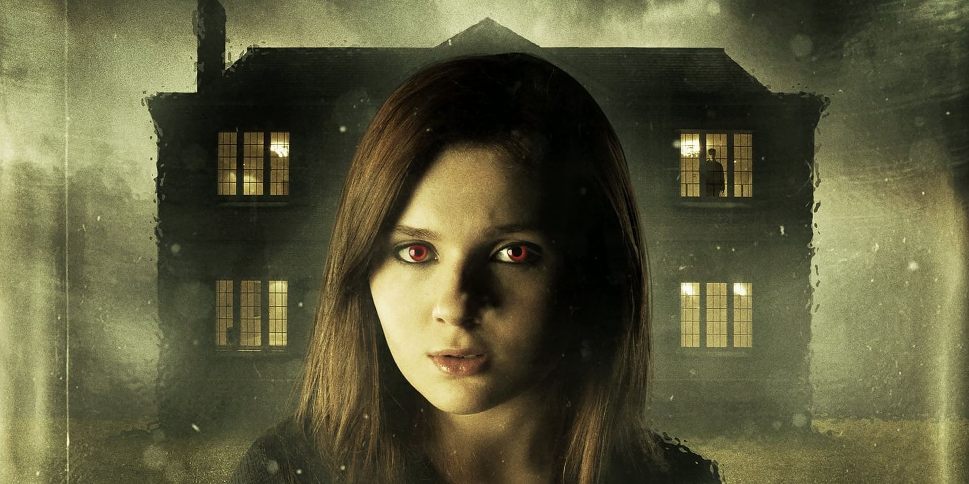 Abigail Breslin as Lisa, standing in front of a creepy-looking house while her eyes shine red in Haunter.