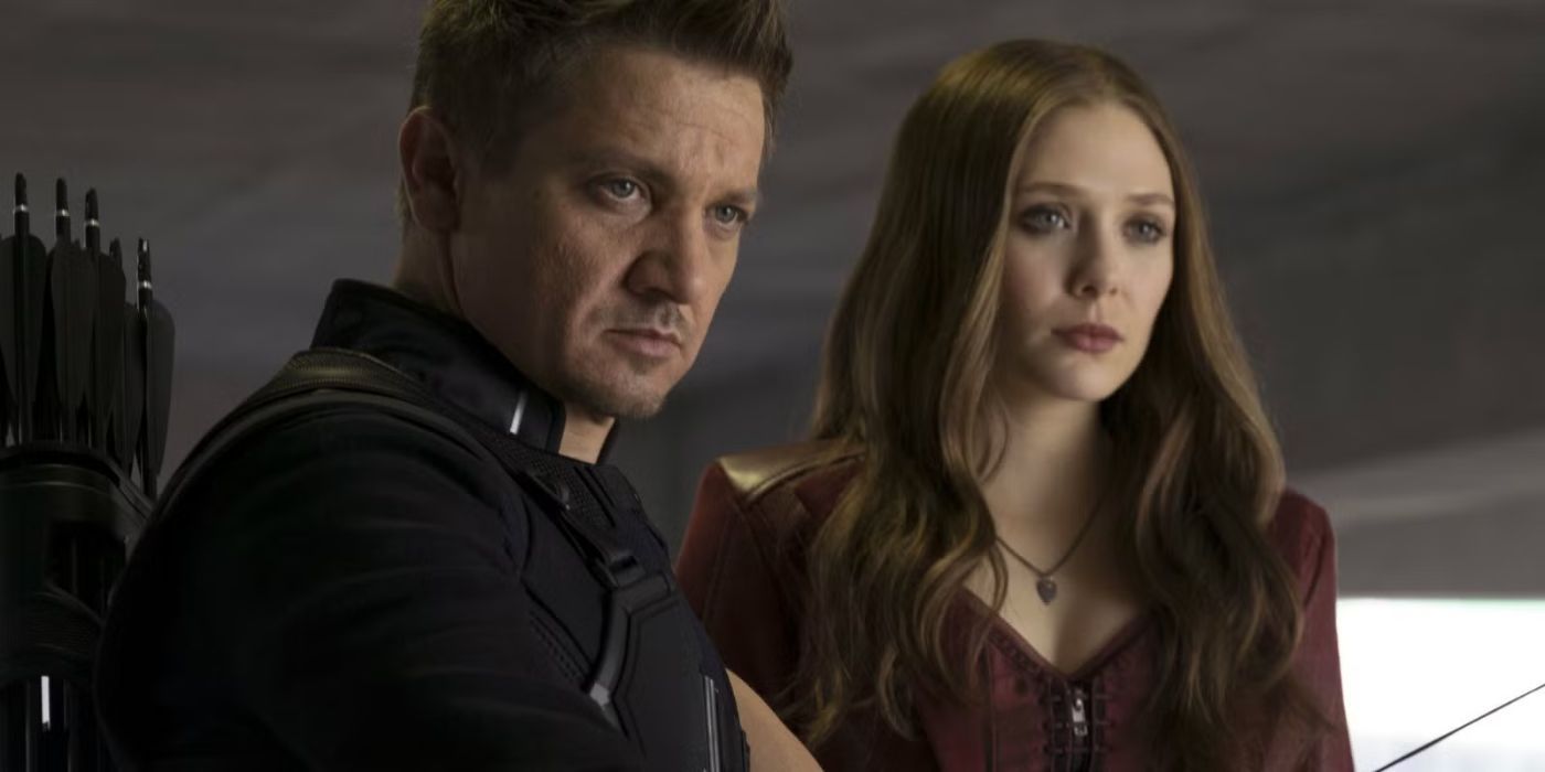 Hawkeye and Scarlet Witch looking at someone in Captain America: Civil War