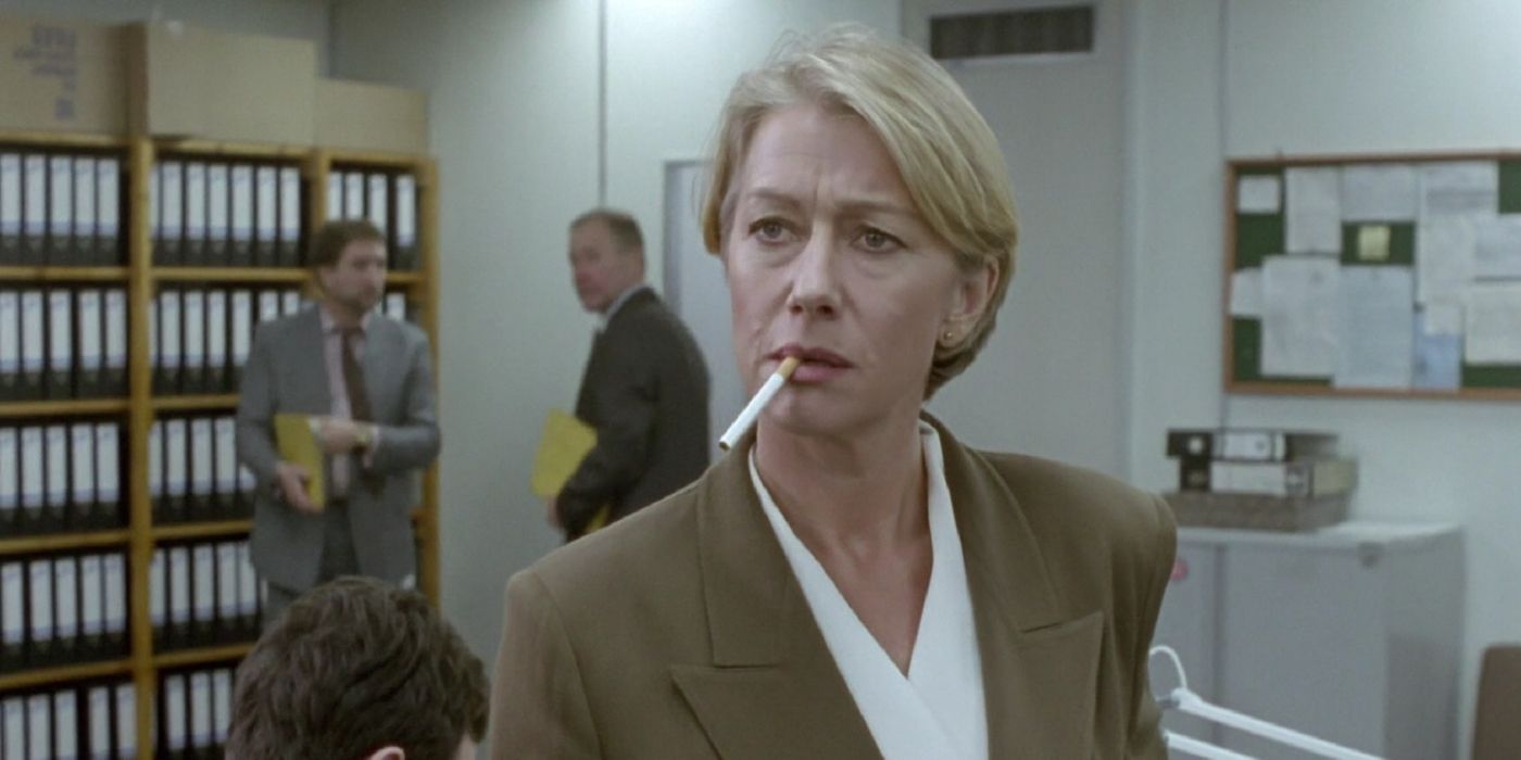 Helen Mirren with a cigarette in her mouth in Prime Suspect