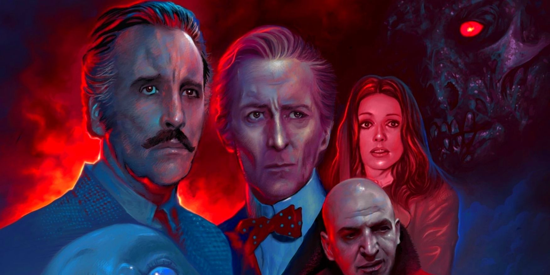 An illustrated poster for Horror Express, with Christopher Lee, Peter Cushing, Silvia Tortosa and Telly Savalas lit by a red glow.