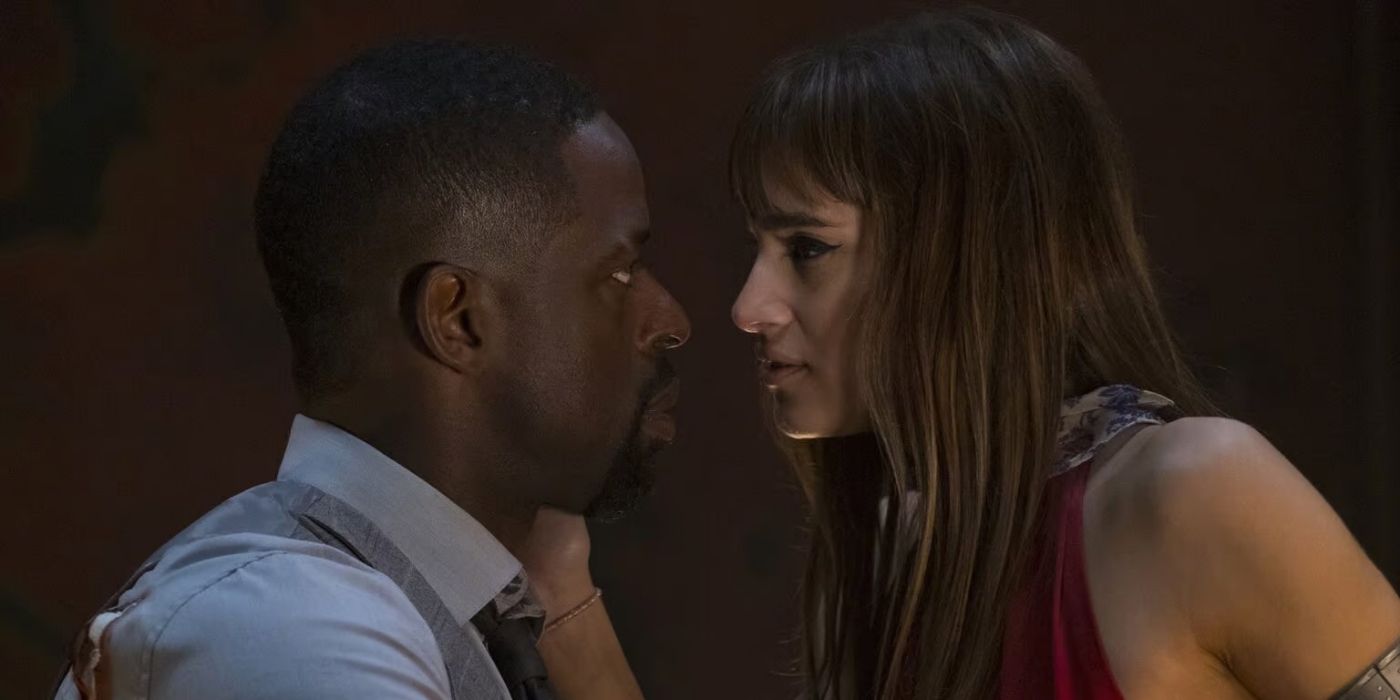 Sterling K. Brown and Sofia Boutella stare intimately at each other in Hotel Artemis.