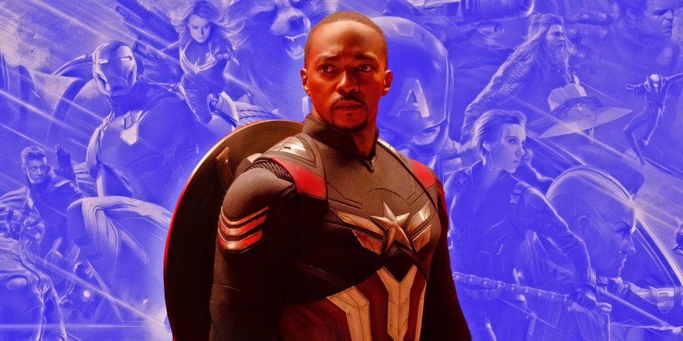 Captain America (Sam Wilson) with the Avengers in the background