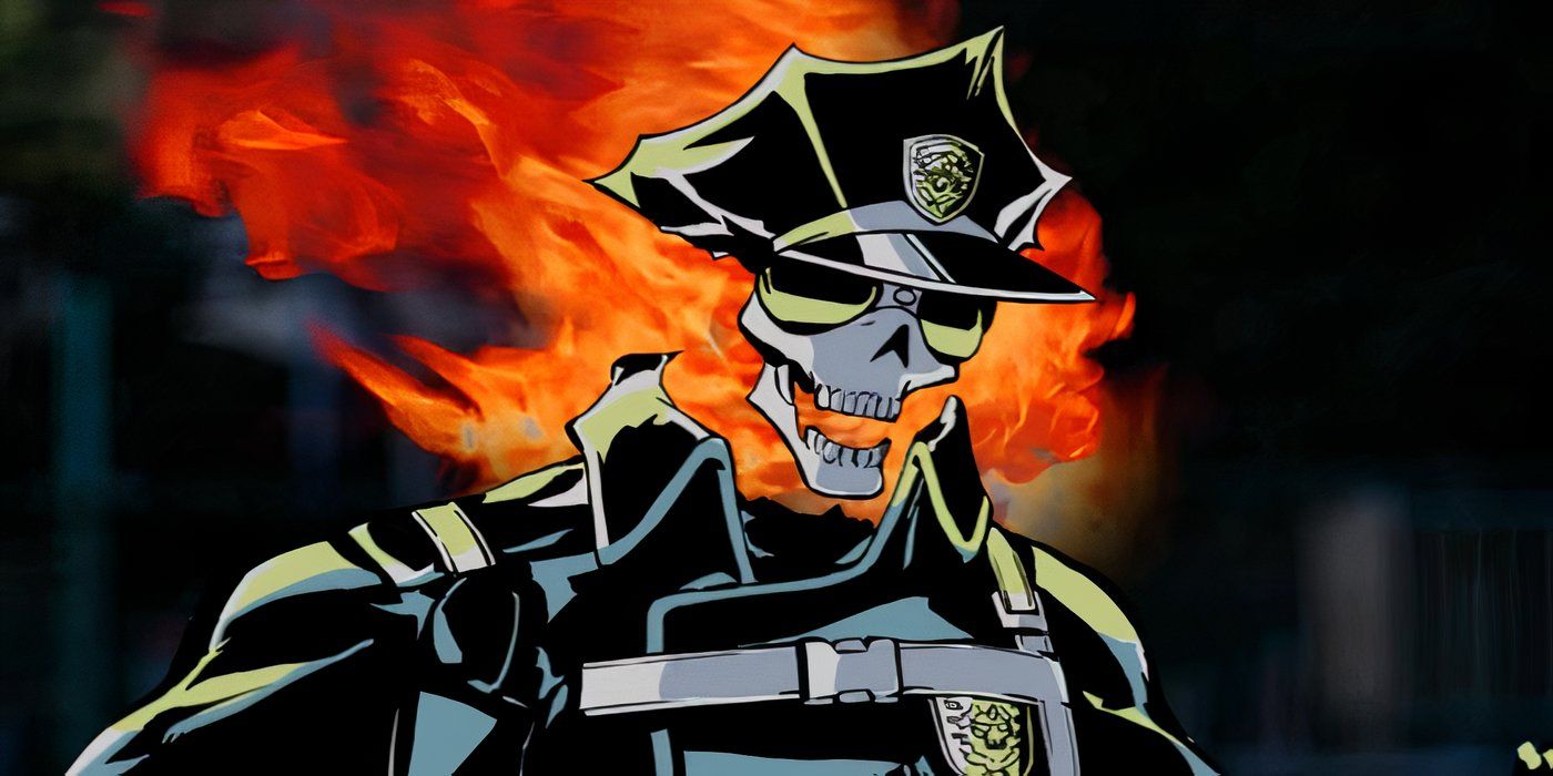 A skeleton character wearing a cop uniform with fire emanating from its head in the Inferno Cop anime.