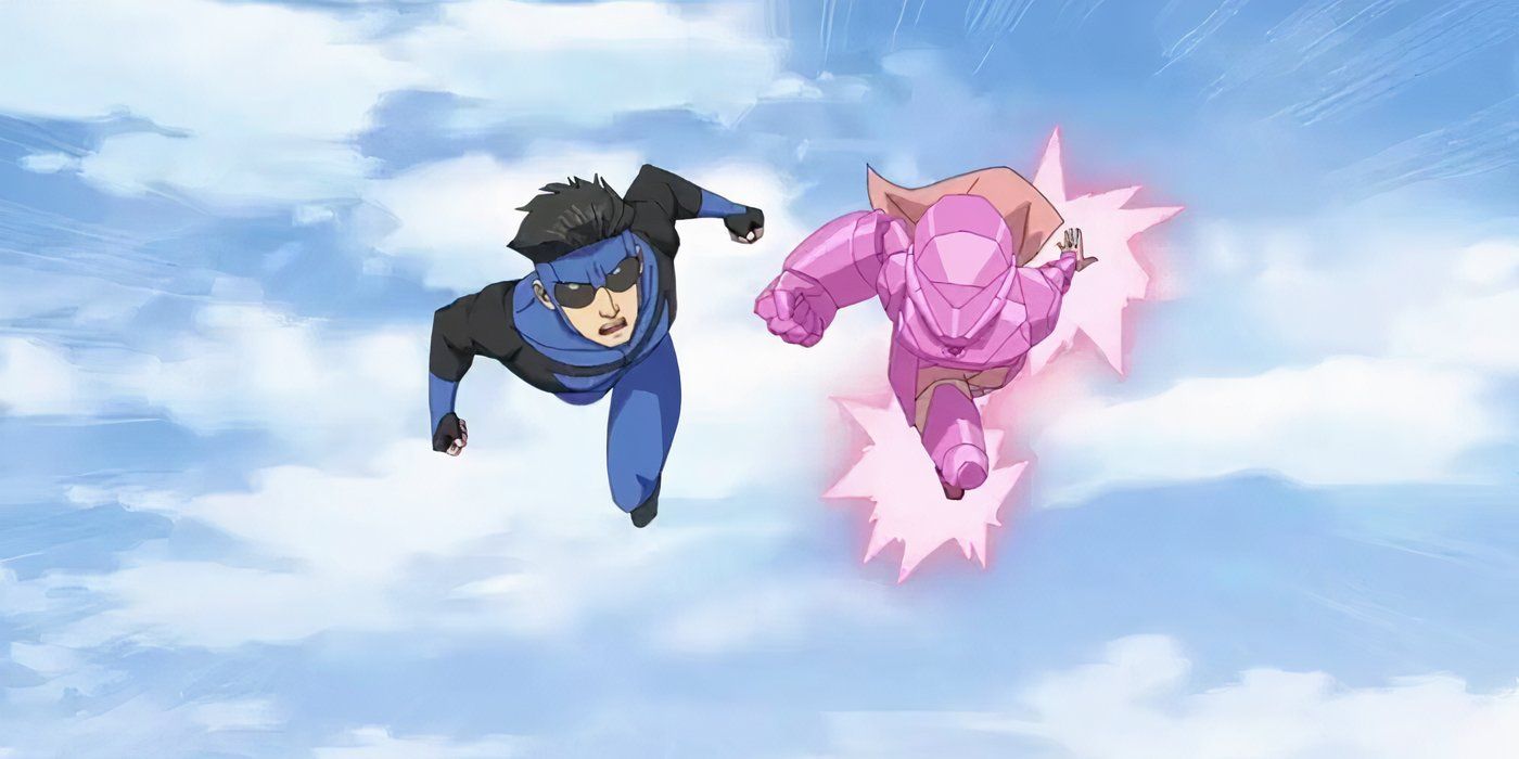 Invincible (Steven Yeun) and Atom Eve (Gillian Jacobs) in battle.