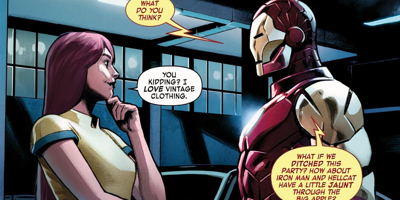 Iron Man talking to Hellcat in Marvel Comics