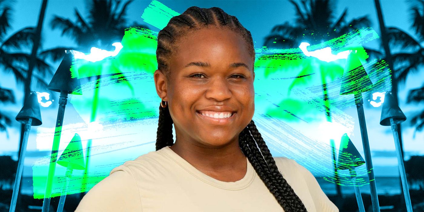 Sai Hughley smiles in front of a neon beach background for Survivor 48