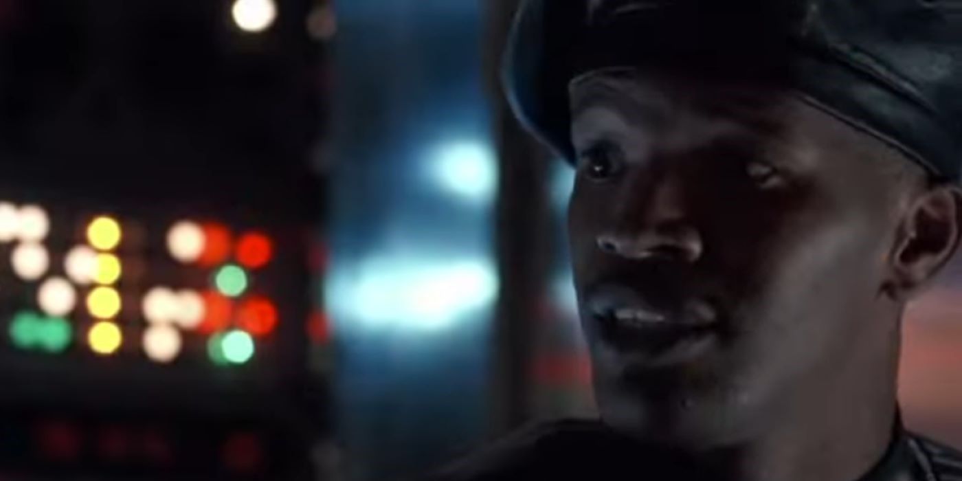 Close up of Jamie Foxx as a security guard in Toys