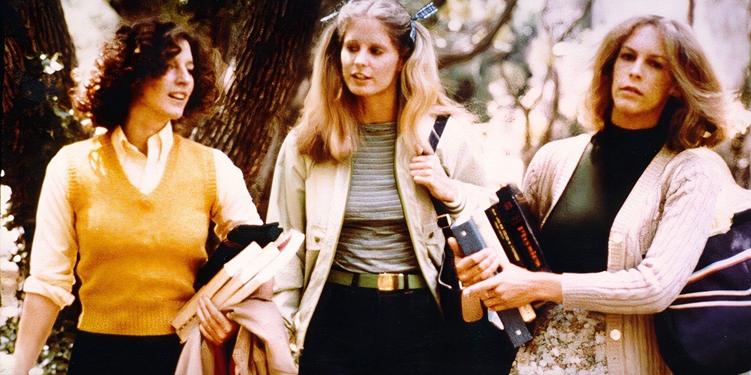 Jamie Lee Curtis, PJ Soles, and Nancy Kyes walk the sidewalk in Halloween