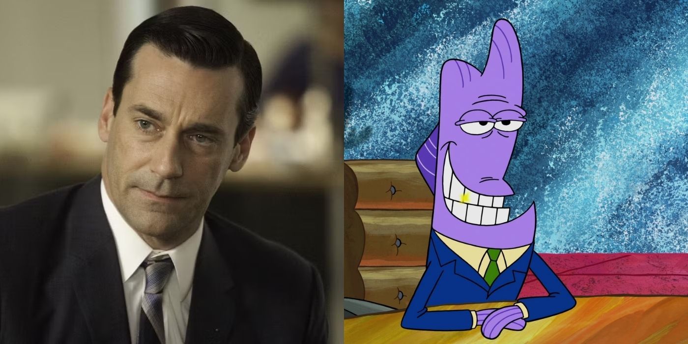 Jon Hamm as Don Draper in Mad Men and his character Don Grouper from SpongeBob SquarePants.