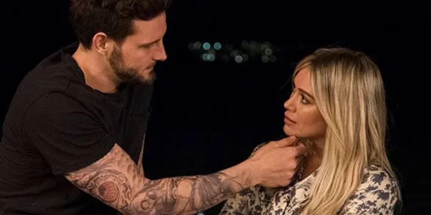 Nico Tortorello leaning in to kiss Hilary Duff in 'Younger'.