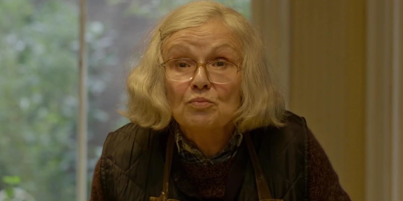 Mrs. Bird (Julie Walters) makes a face while talking in the Paddington film series.