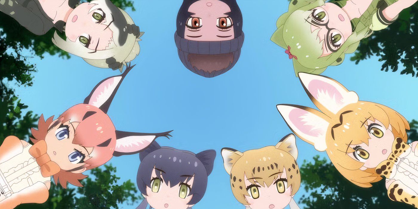The animated characters form a circle in the forest and look down at the camera in Kemono Friends.