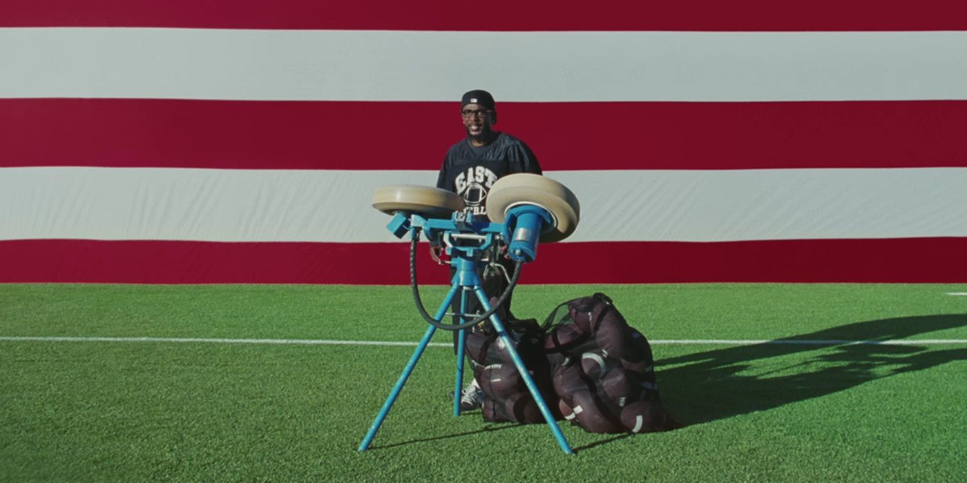Kendrick Lamar throwing footballs with a football throwing machine.