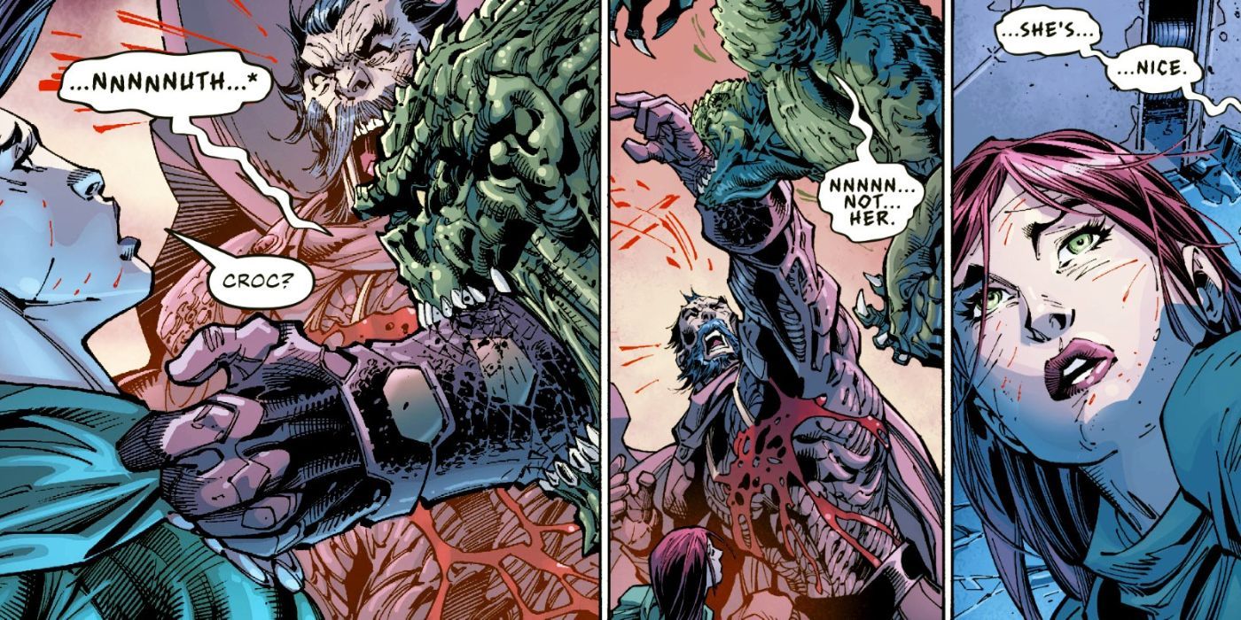 Killer Croc saving Enchantress from a foe in DC Comics