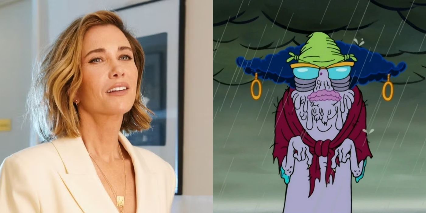 A split image with Kristen Wiig in SNL and her character Madame Hagfish from SpongeBob SquarePants.