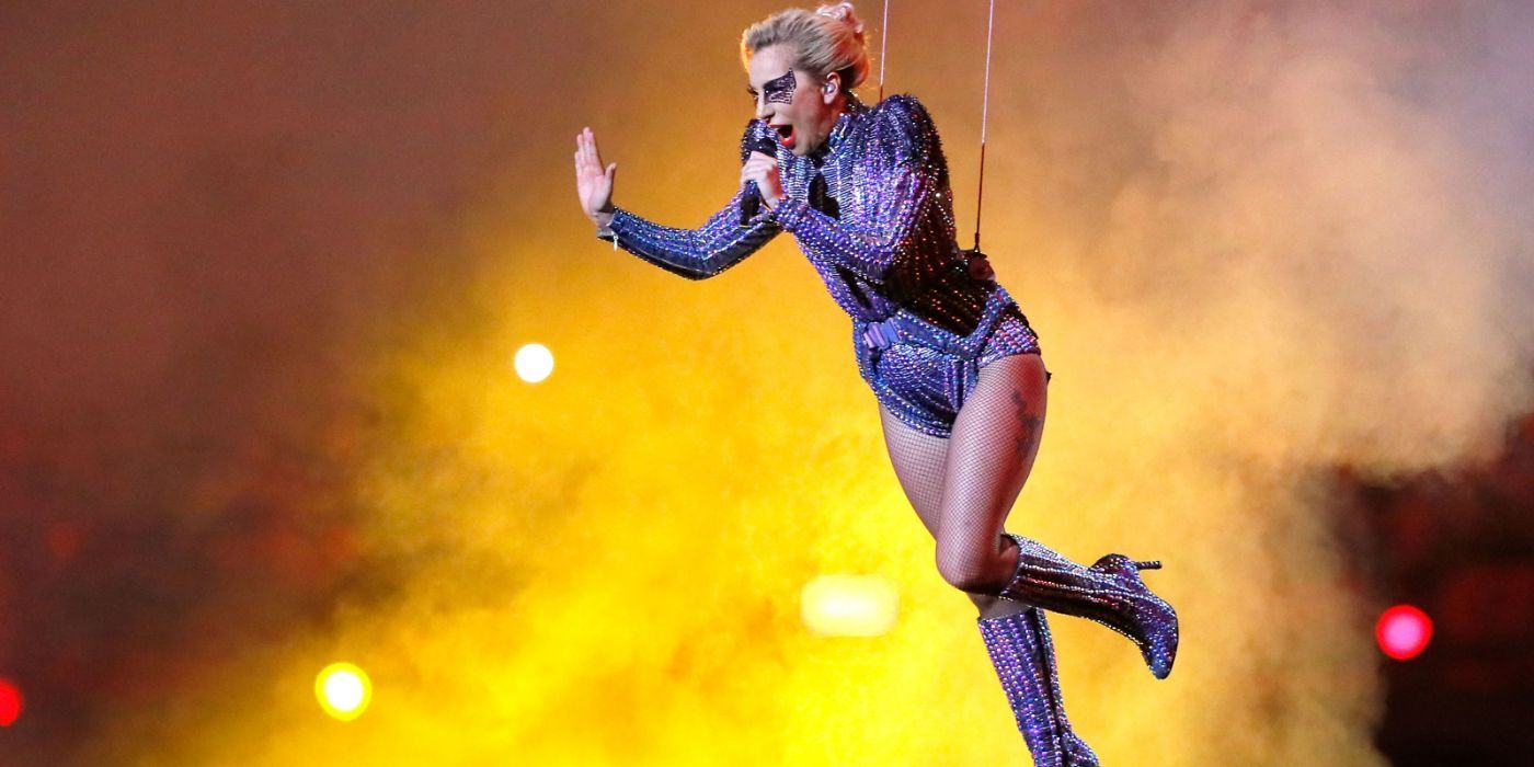 Lady Gaga flying on a wire at the 2017 Super Bowl