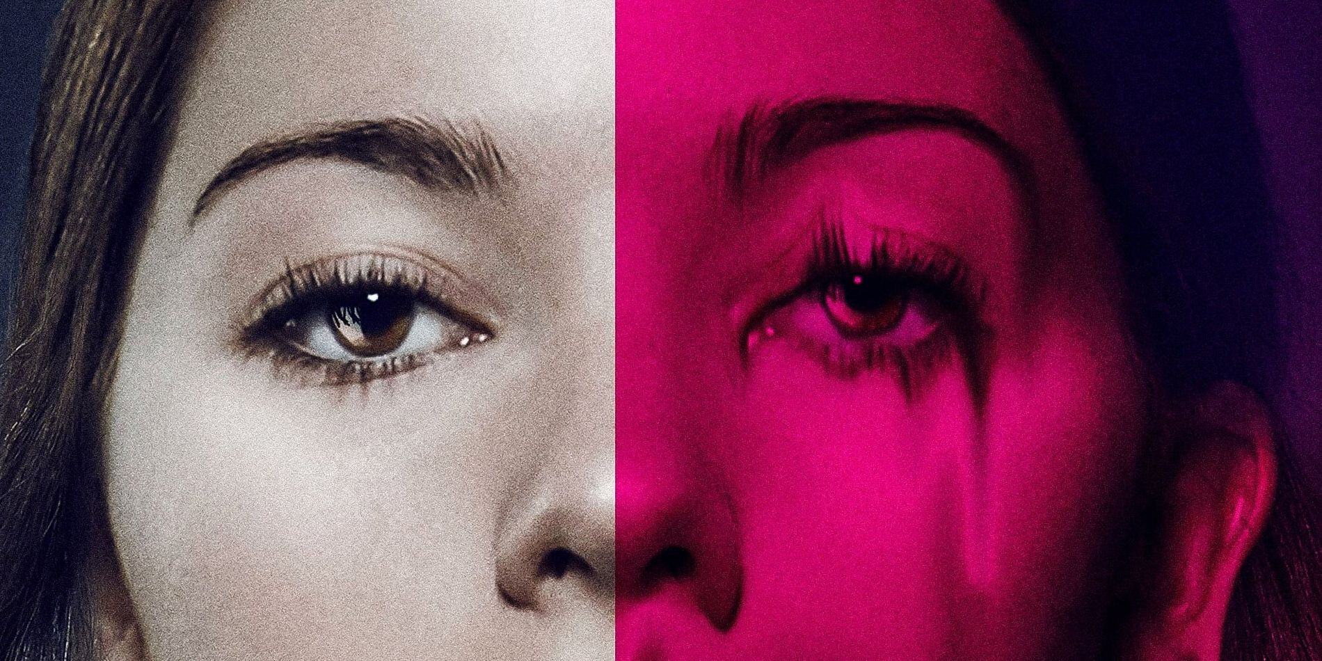 A closeup of Vivien&rsquo;s face, normal on one side and bright pink and drooping on the other.