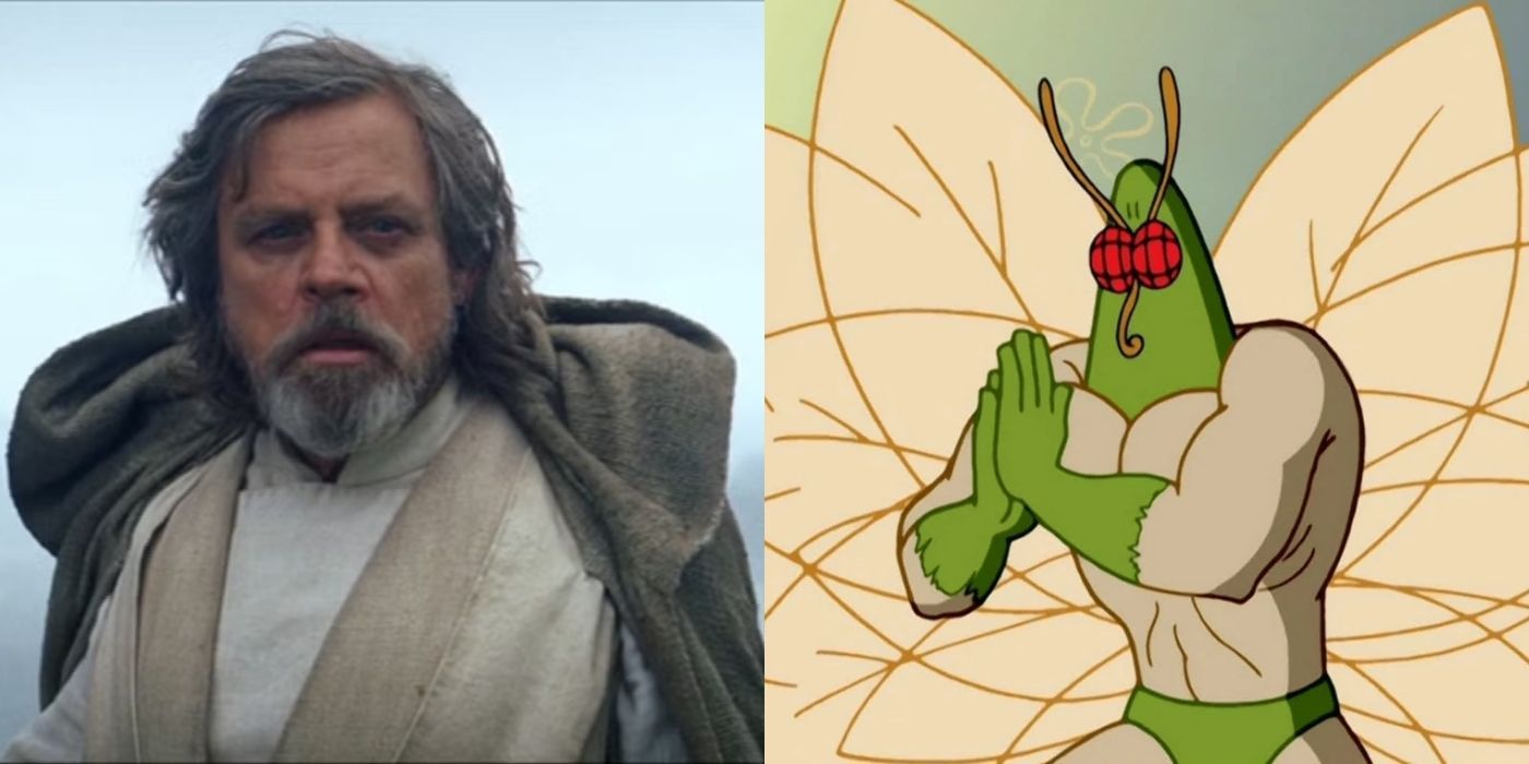 Mark Hamill in Star Wars The Force Awakens and his character The Moth in SpongeBob SquarePants.