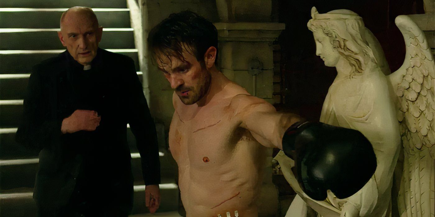 Matt Murdock punching with a boxing glove past an angel statue in Daredevil Season 3