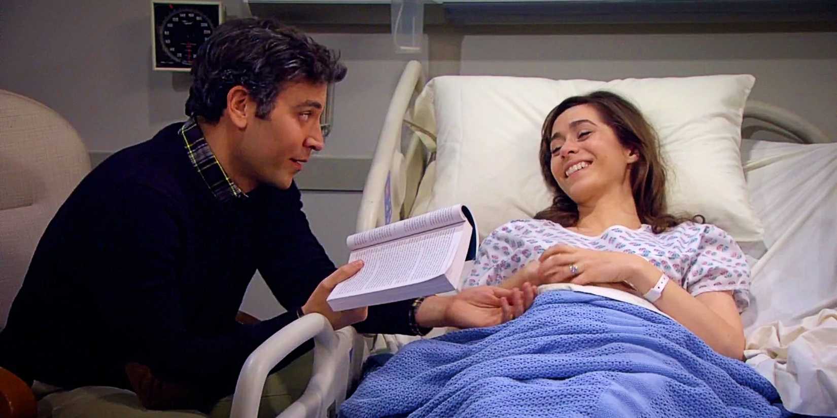 Ted Mosby sitting at Tracy McConnell's hospital bedside in the series finale of How I Met Your Mother.