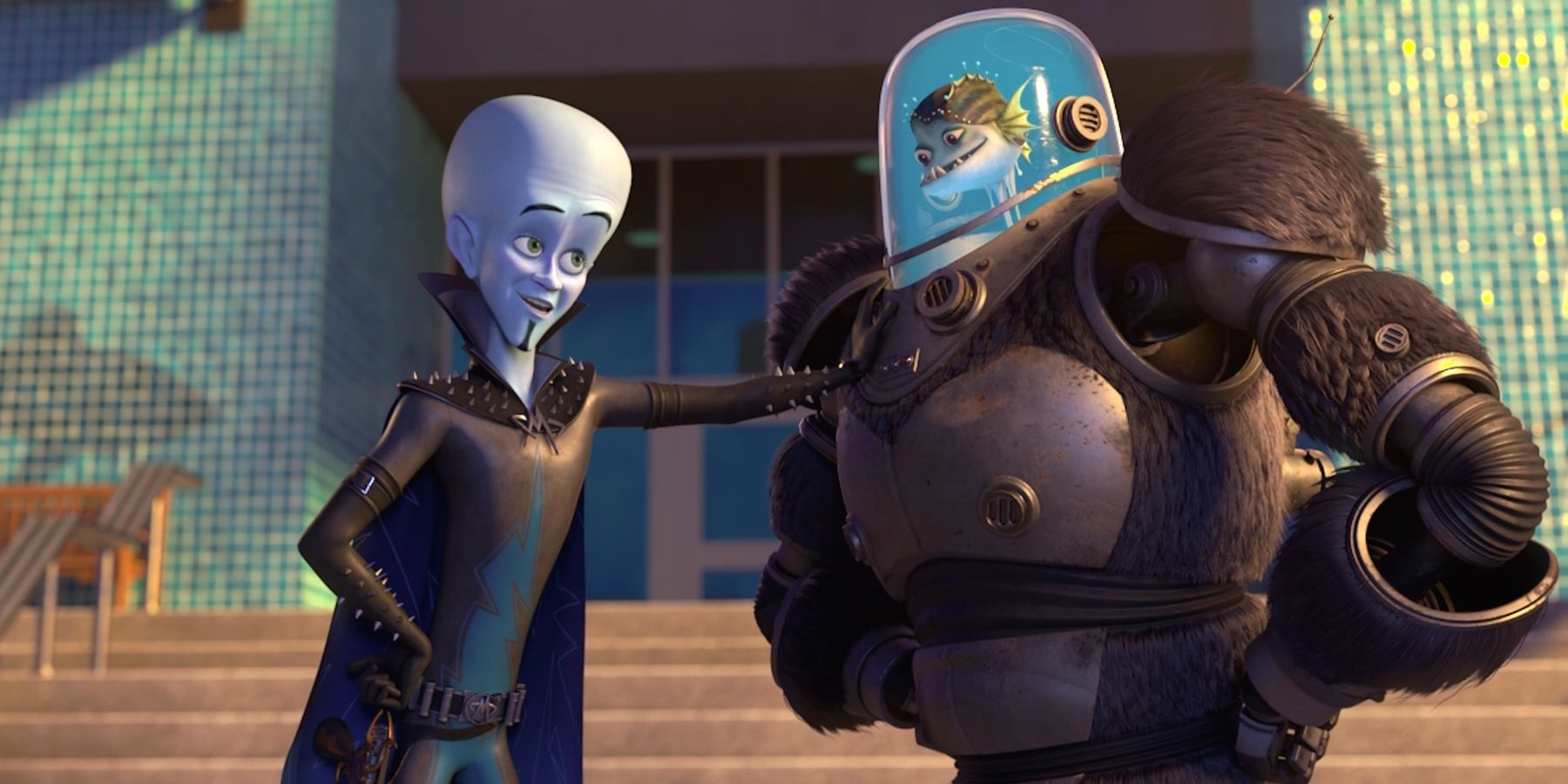 Megamind (Keith Ferguson) places a hand on Ol' Chum (Josh Brener) in 'Megamind vs. the Doom Syndicate'.