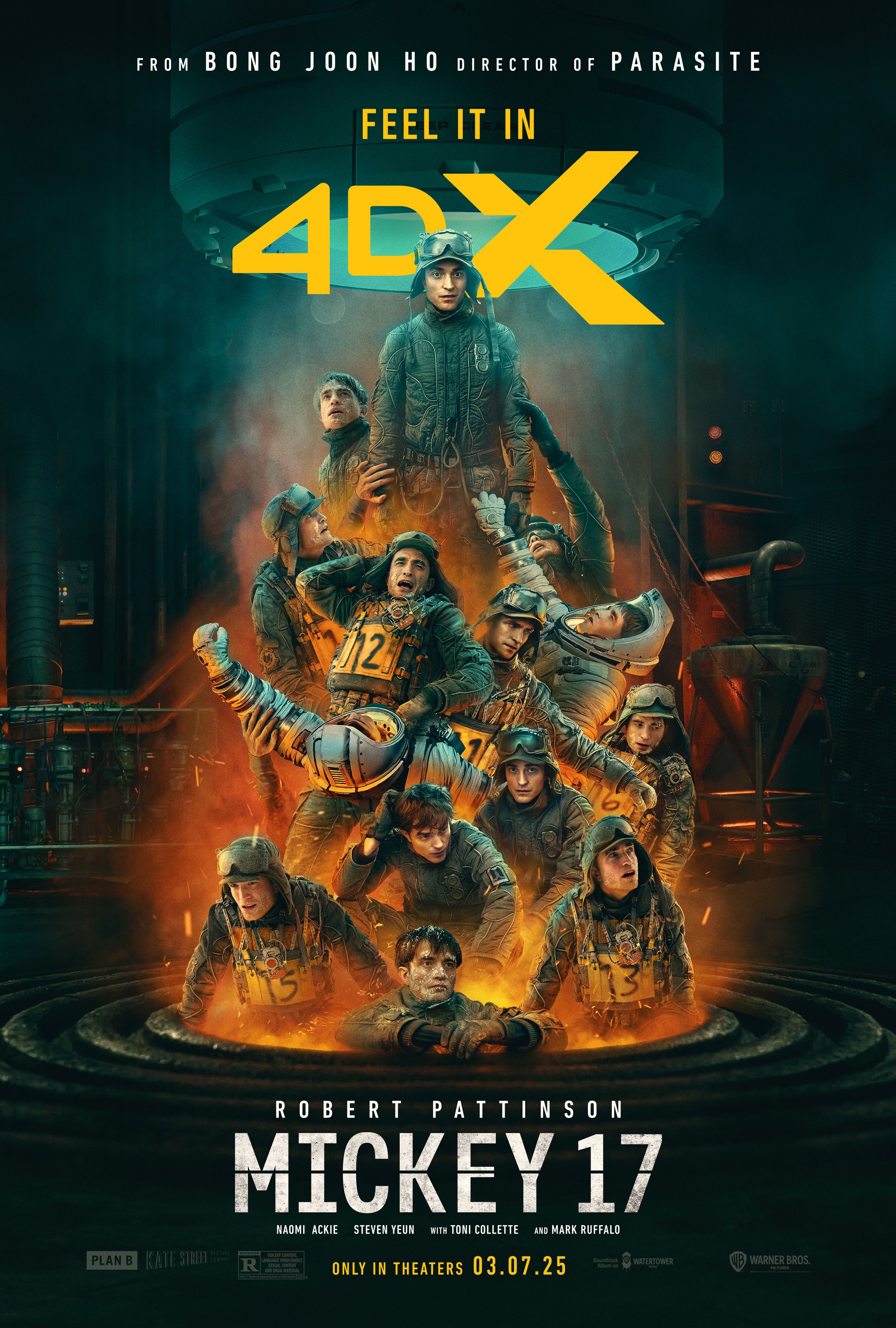 A cluster of Robert Pattinsons on the 4DX poster for Mickey 17