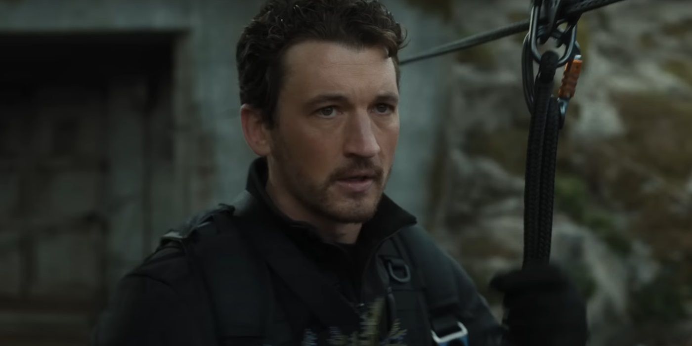 Miles Teller, getting on a zip line, as Levi in &lsquo;The Gorge&rsquo;