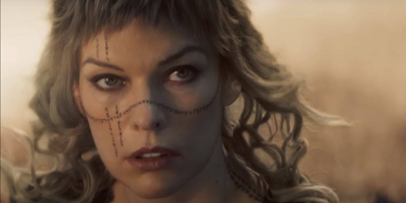 Milla Jovovich, staring at someone, as Gray Alys in In the Lost Lands