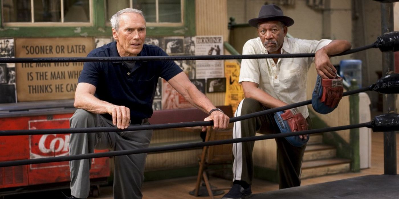 Clint Eastwood and Morgan Freeman standing by a boxing ring in Million Dollar Baby