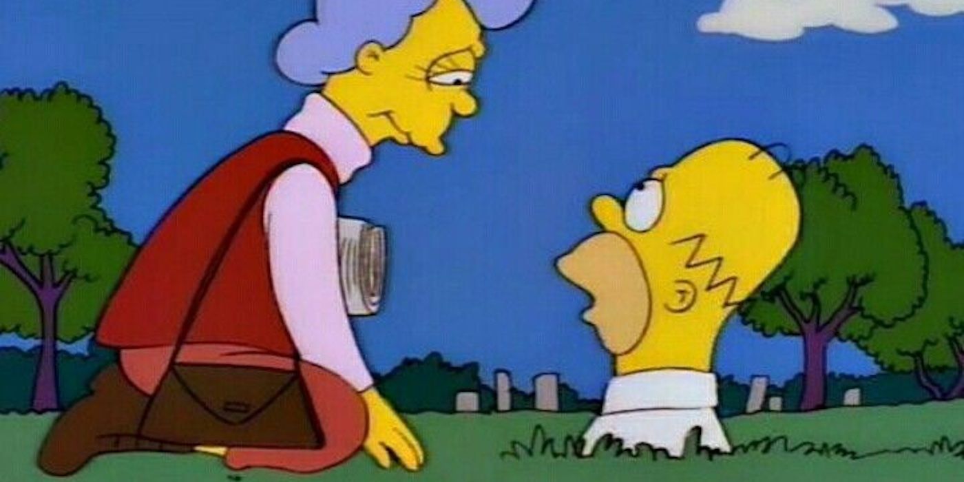 Mona talks to Homer, whose head sticks above the grassy ground The Simpsons' "Mother Simpson."