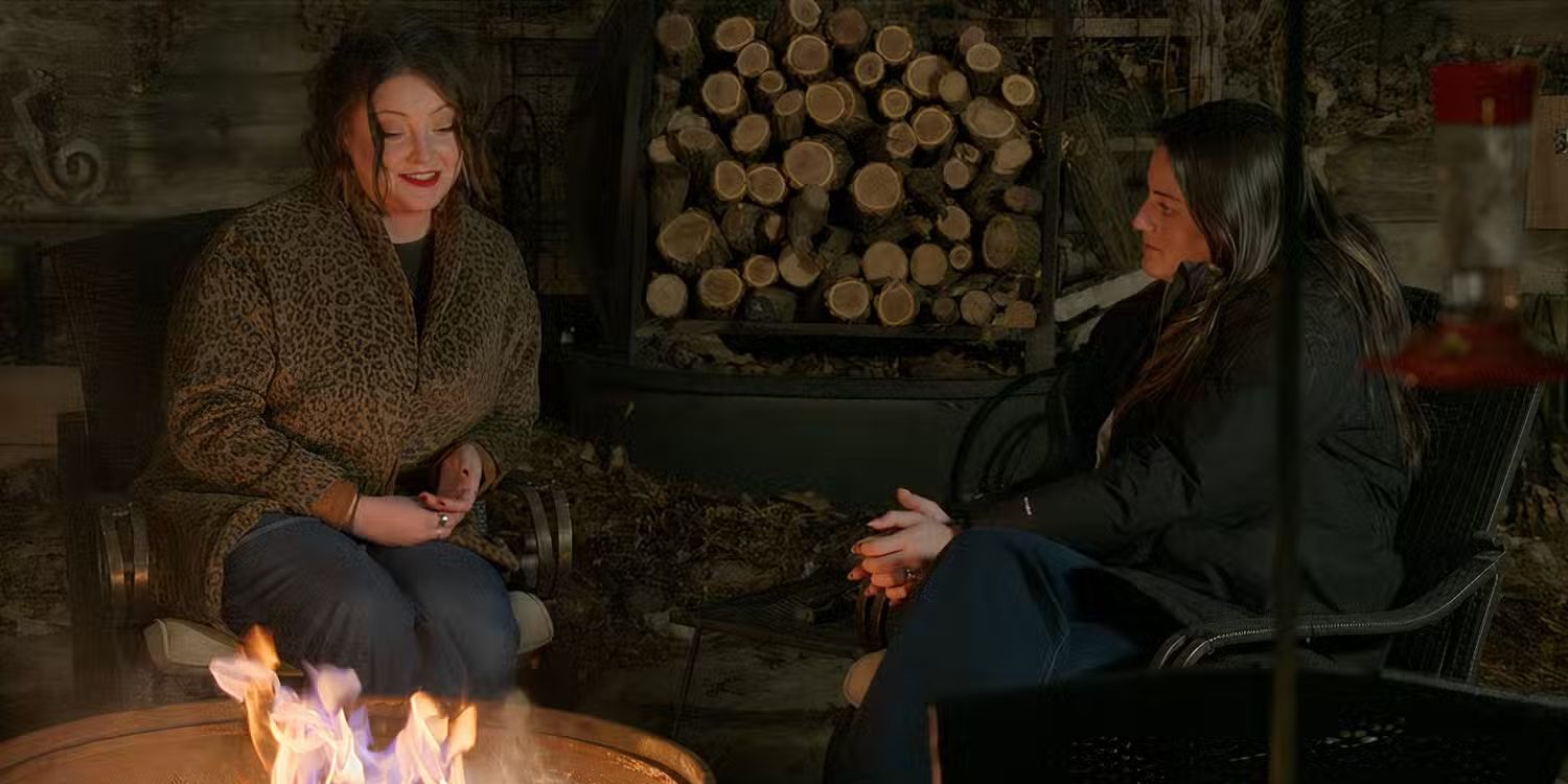 Monica Danús and her sister Nicolle chat by a fire on Love Is Blind Season 8