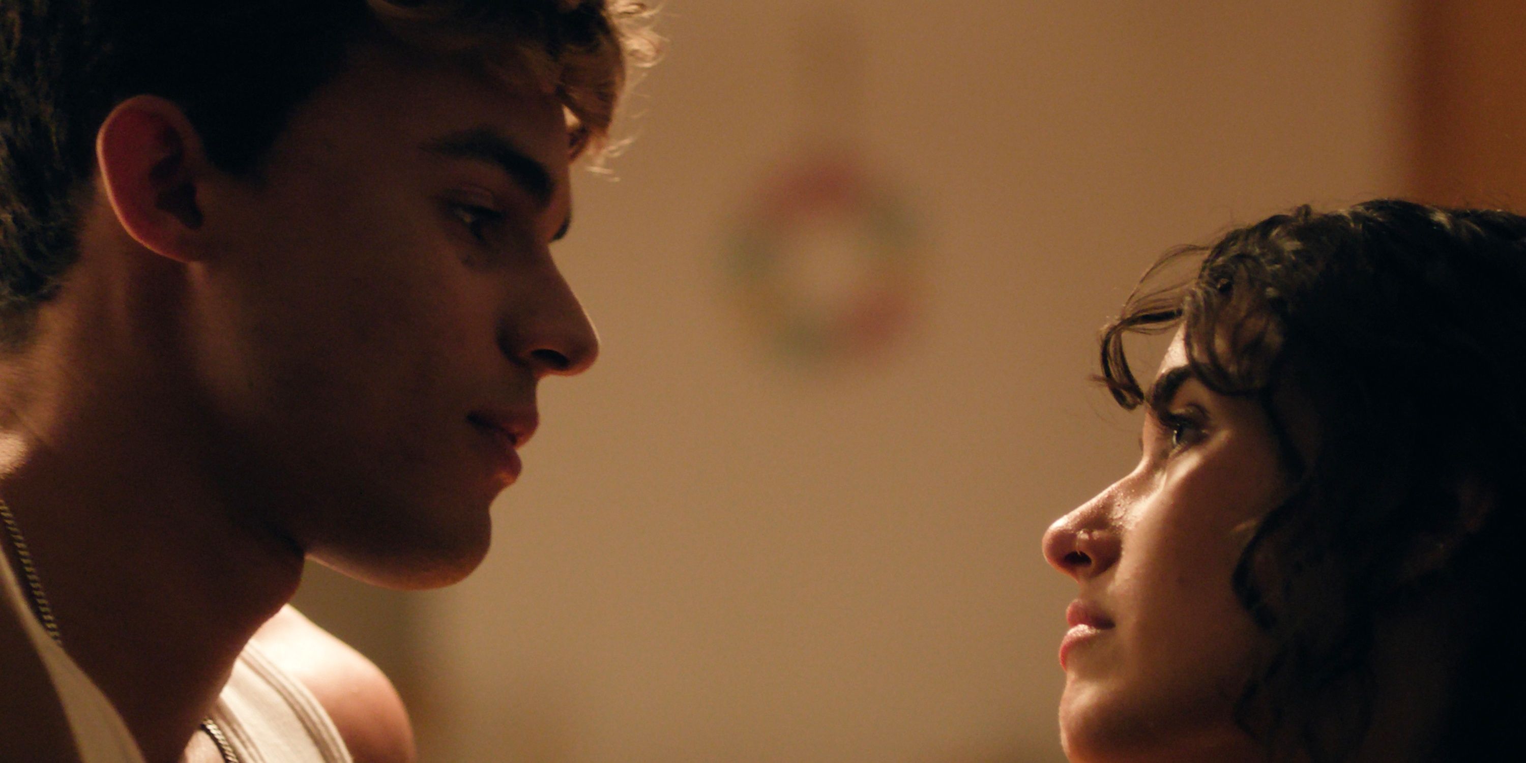 Asha Banks as Noah and Matthew Broome as Nick looking at each other in close-up in My Fault: London