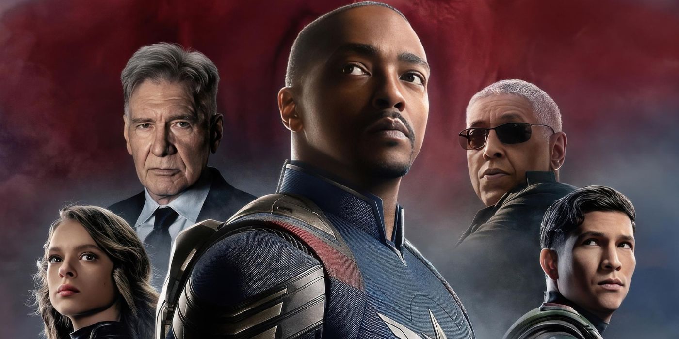 Shira Haas, Harrison Ford, Anthony Mackie, Giancarlo Esposito, and Danny Ramirez on the poster for Captain America: Brave New World.