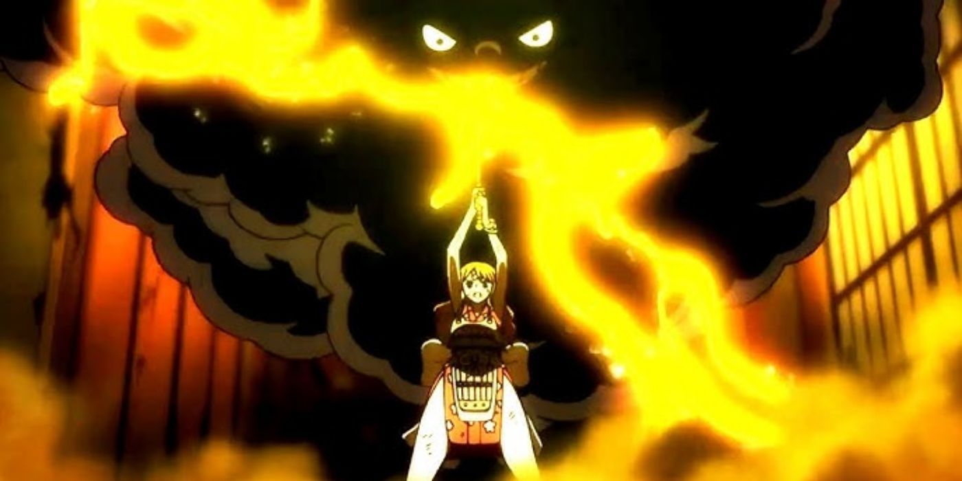 Nami holding her hands up with an angry cloud and lightning strike in One Piece