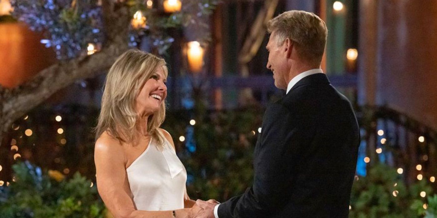 Nancy Hulkower and Gerry Turner hold hands and smile on 'The Golden Bachelor'.