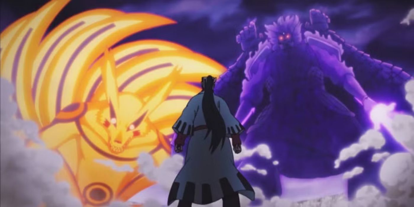 Giant glowing fox Naruto and purple samurai stand in front of Jiren in Boruto.