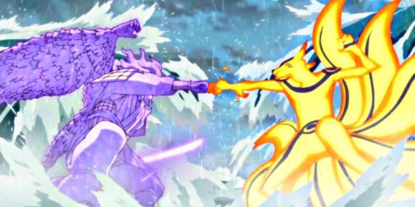 Giant fox punching purple samurai in Naruto.