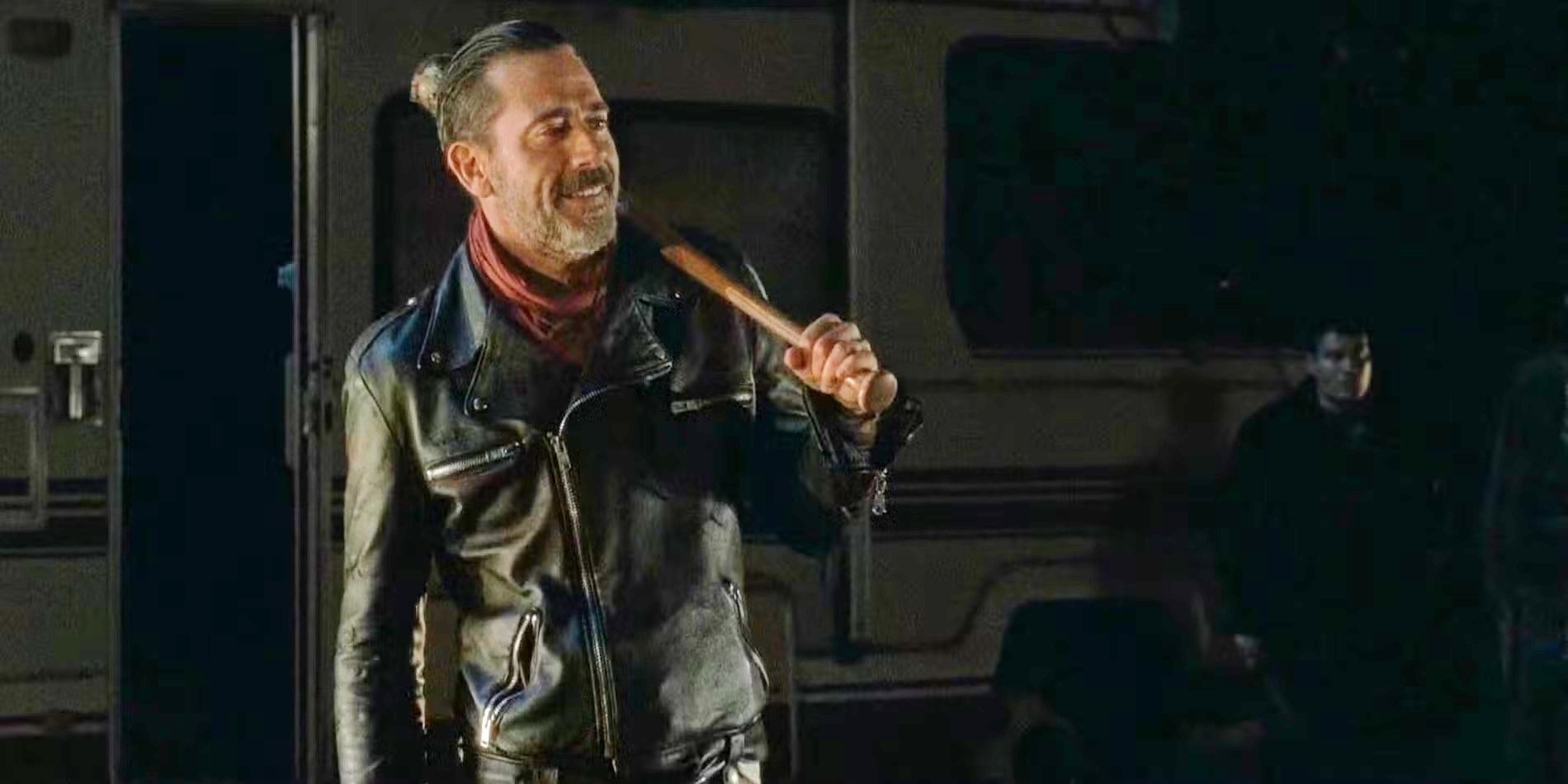 Jeffrey Dean Morgan as Negan exits his camper van with his baseball bat Lucille in The Walking Dead. 