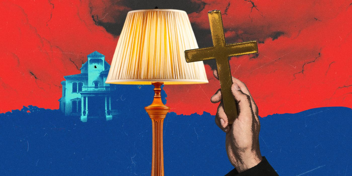 A spooky house in red and blue, with a standing lamp in front of it and a hand holding a crucifix.