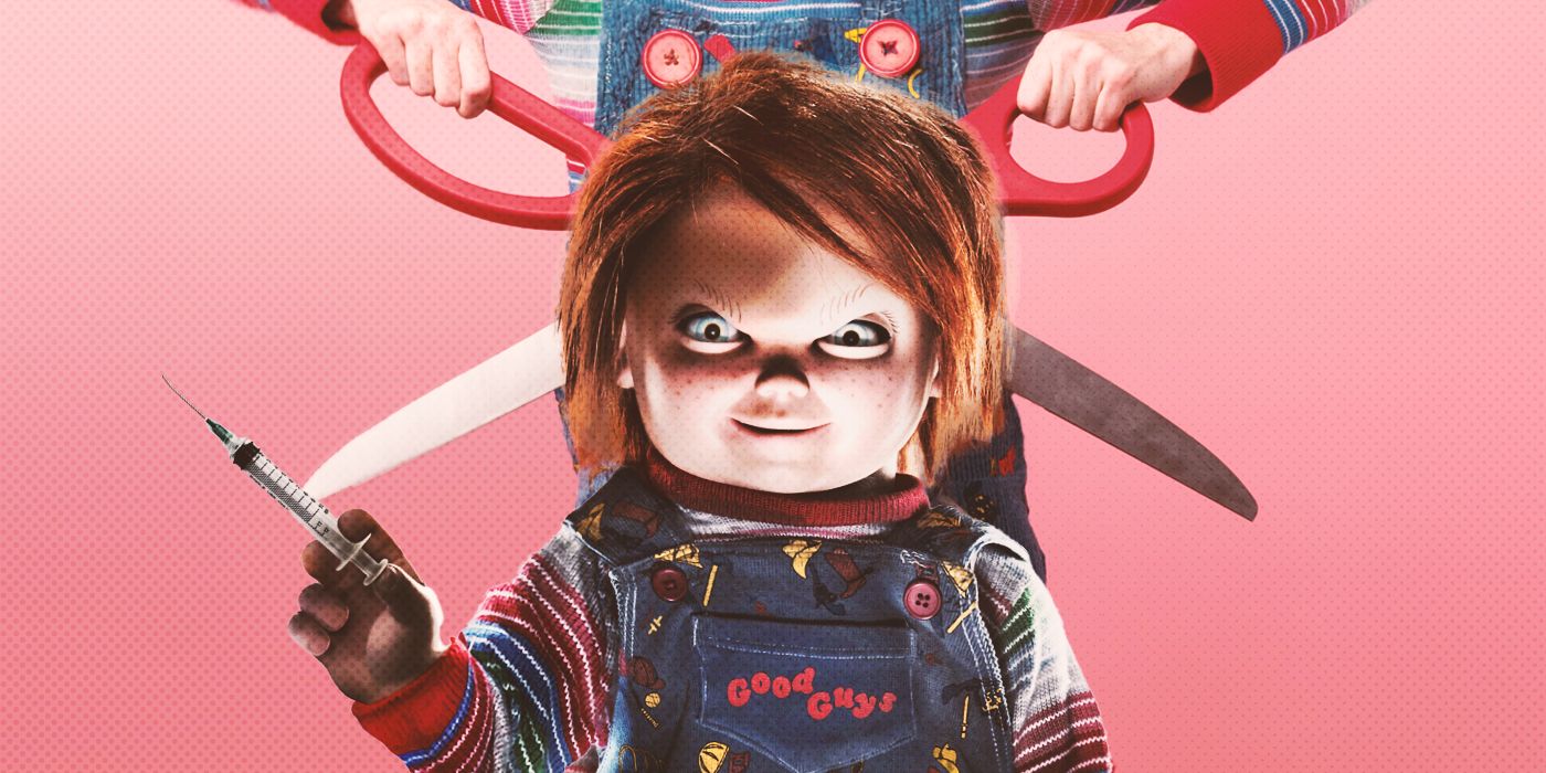 Chucky stands menacingly holding a syringe, while a man wearing the same outfit stands behind him with a giant pair of scissors.