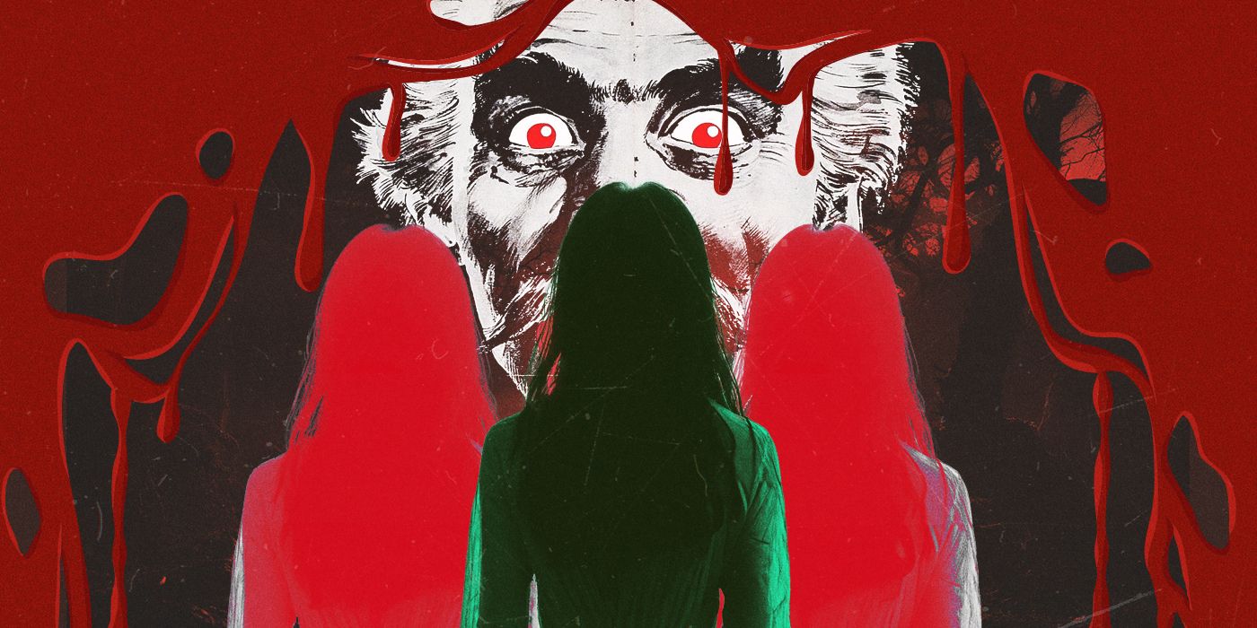 An illustration of Christopher Lee as Count Dracula with glowing red eyes, and the figures of three women facing him while blood pours down around them.