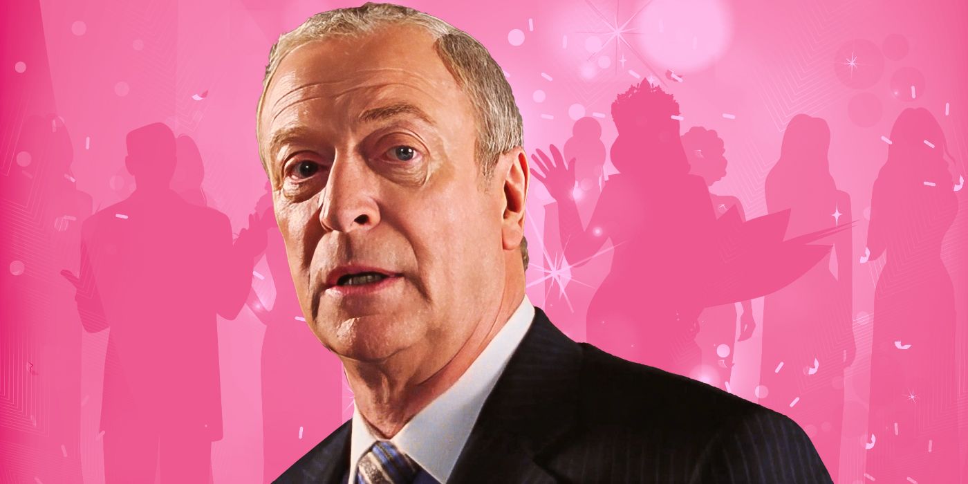 Michael Caine as Victor Melling, standing in a suit against a pink backdrop of figures dancing.