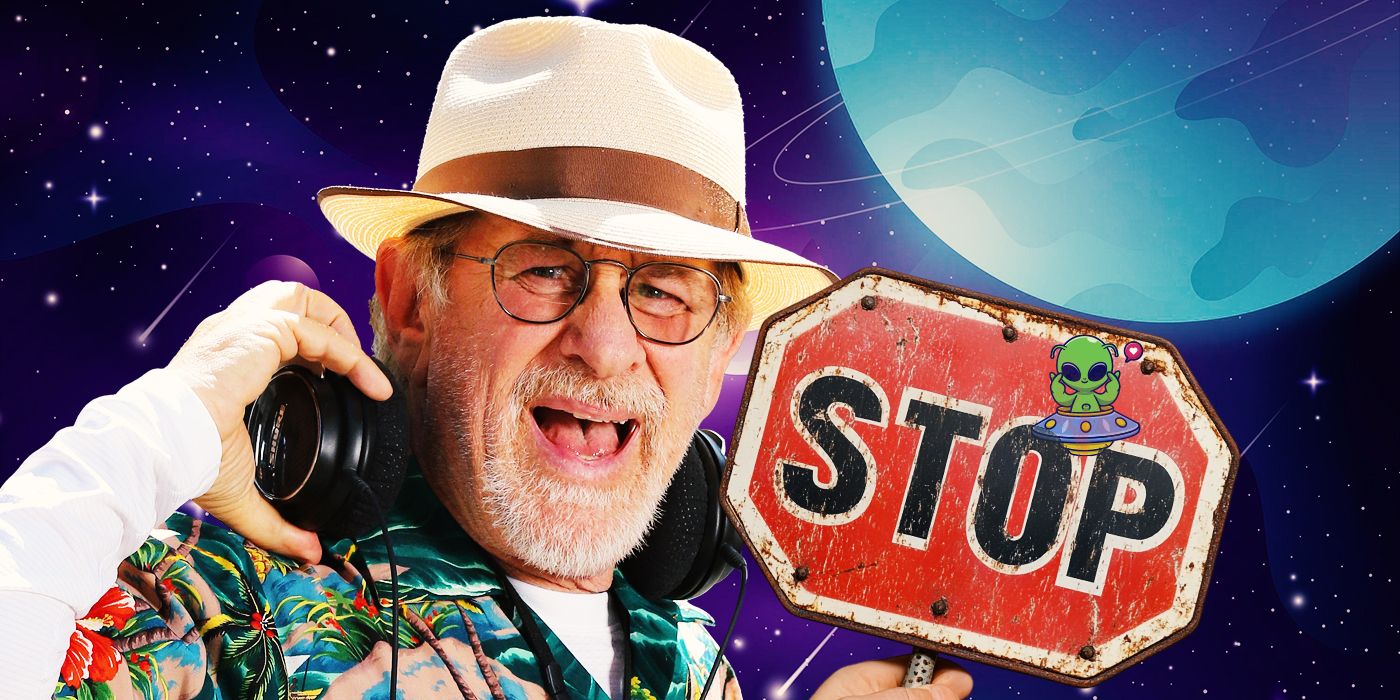 Director Steven Spielberg in a panama hat and Hawaiian shirt wearing headphones and holding a stop sign with an alien sticker on it against a space backdrop.