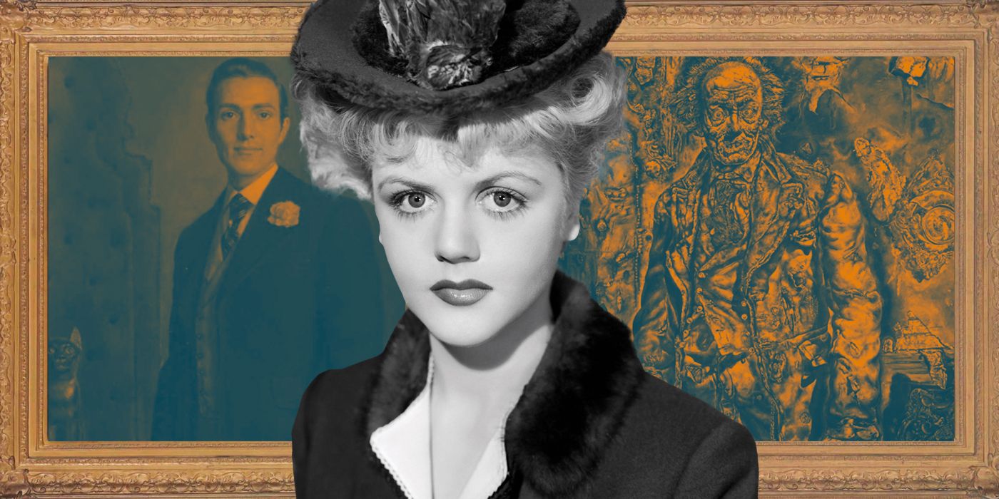 Angela Lansbury as Sybil Vane in The Picture of Dorian Gray, with Gray&rsquo;s portrait before and after transformation on either side of her.