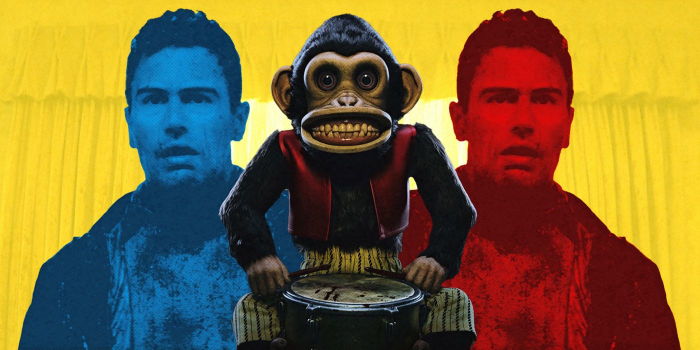 The clockwork monkey toy from The Monkey, with actor Theo James on either side of it, one in blue and one in red.