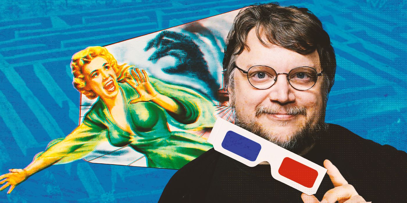 Director Guillermo del Toro holds a pair of 3D glasses in front of the poster for the 1953 movie The Maze.